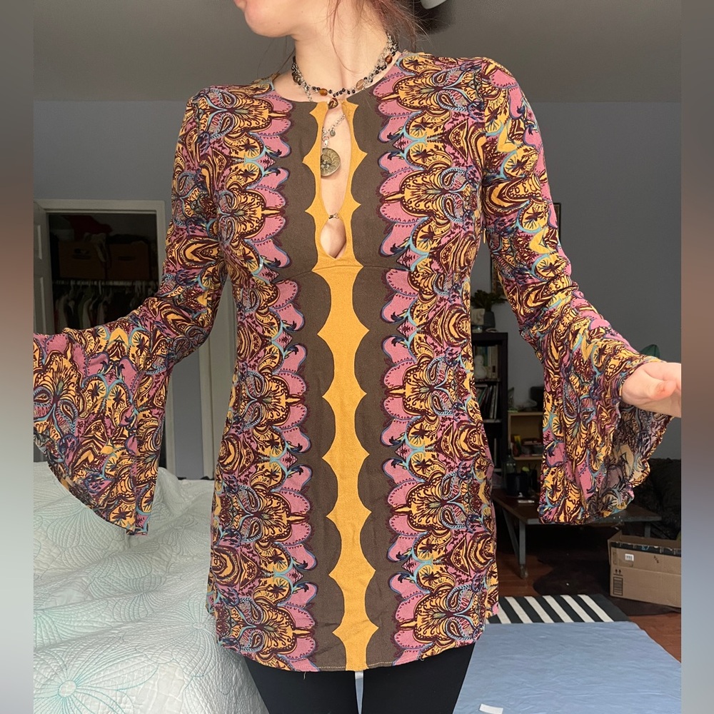 Free People Bohemian Multicolor Bell Sleeve Top